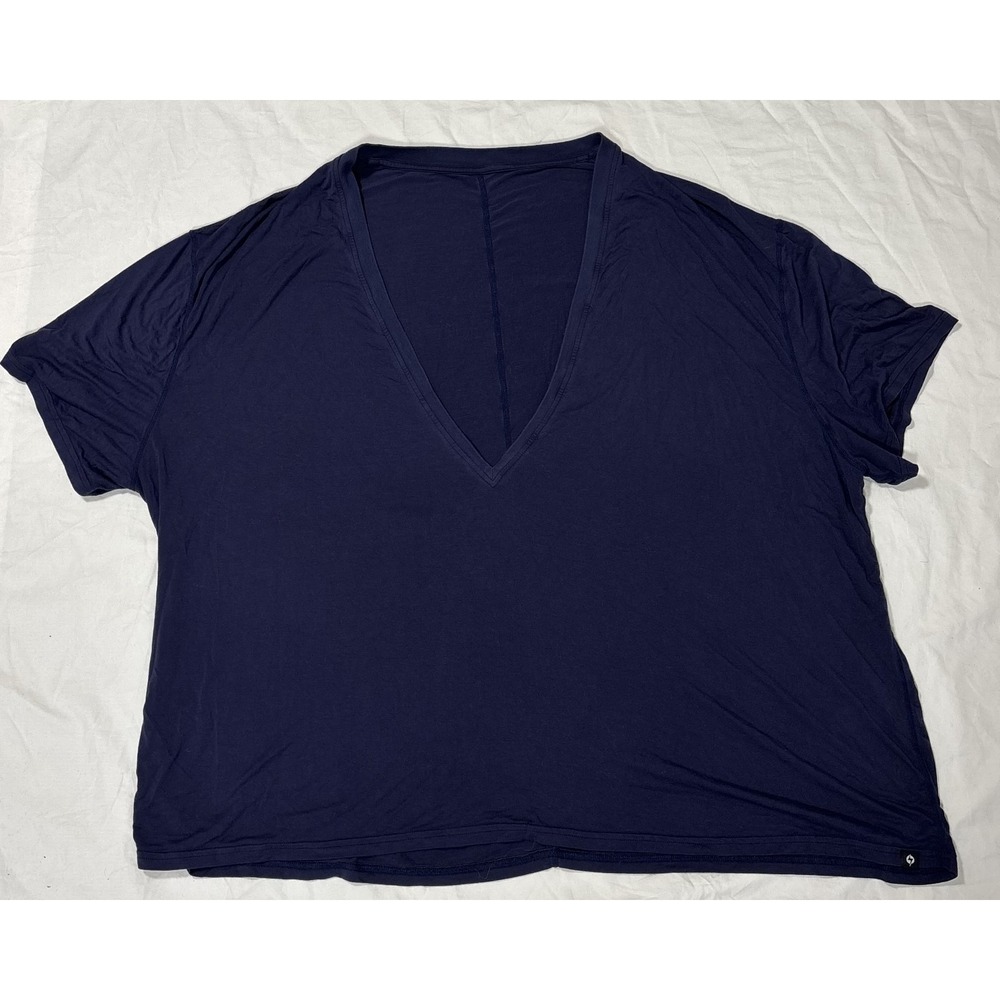 Popflex Womens V-Neck Slouchy Boxy T-Shirt Navy Blue Short Sleeve Relaxed Fit L